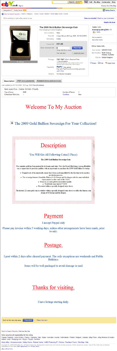themagicpudding2009 eBay Listing for The 2009 Gold Bullion Sovereign Coin